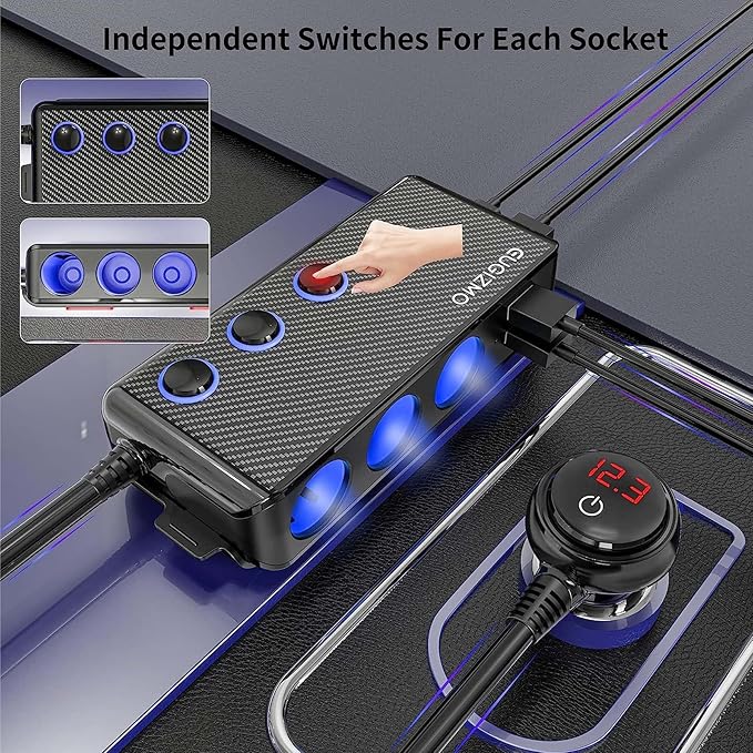 Cigarette Lighter Plug Splitter, 200W 3 Socket Car Cigarette Lighter Adapter USB Charger Extension Cord Multi Port Power Plug 12V/24V Splitter with LED Voltage Display Independent Switches