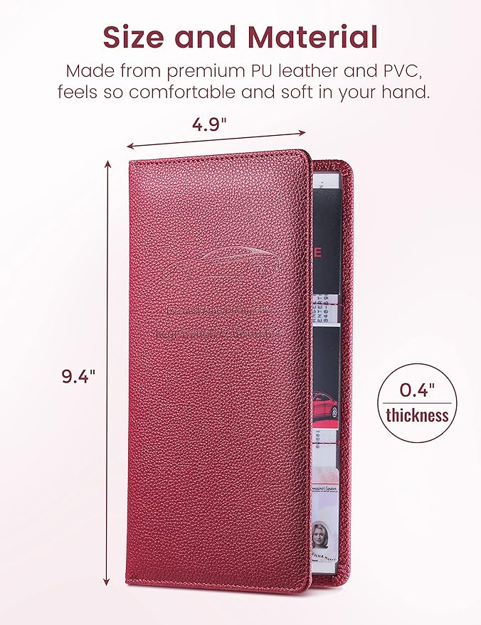 Yarnic Car Registration and Insurance Holder, Pu Leather Car Document Holder Registration and Insurance Card Holder Vehicle Glove Box Car Organizer with Magnetic Closure for Women Men (Wine Red)
