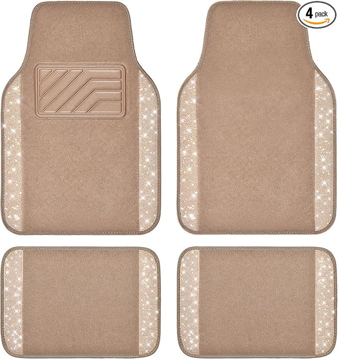 CAR PASS Bling Car Mats Shining Diamond Carpet Crystal Rhinestones Sparkly Glitter Floor Mats with Anti-Slip PVC Heel Pad Universal Fit for Automotive SUV, Sedan, Car, Van, 4pcs for Girl Women, Beige