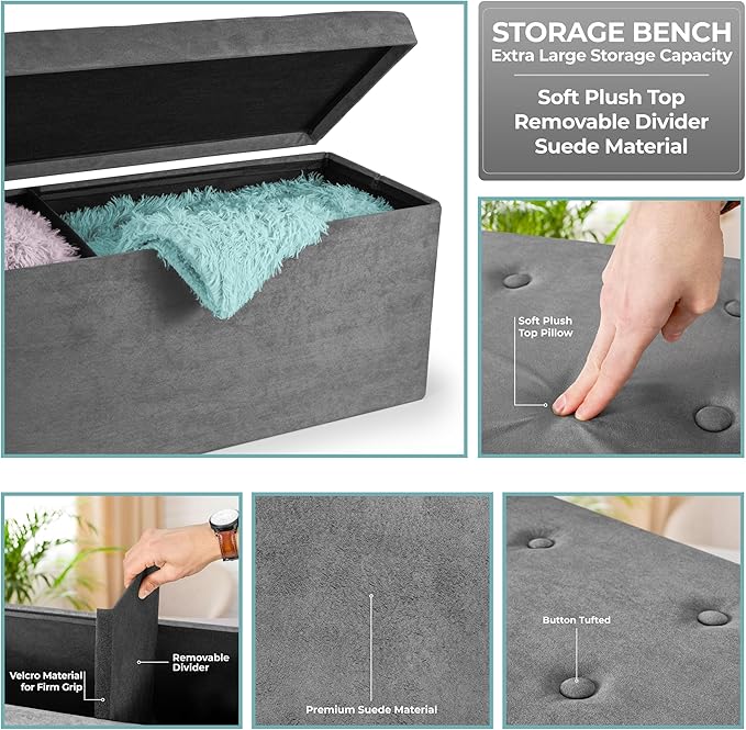 Sorbus Storage Ottoman Bench – Collapsible/Folding Bench Chest with Cover – Perfect Toy and Shoe Chest, Hope Chest, Pouffe Ottoman, Seat, Foot Rest, – Contemporary Faux Suede (Gray)