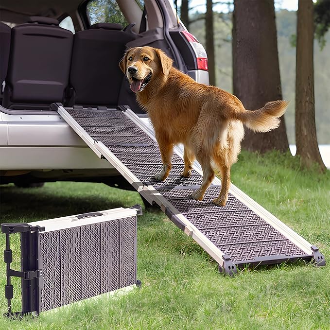 Dog Ramp for Car - Stable Anti-Slip Dog Car Ramp for Large Dogs - 63" Long & 15" Wide - 250LBS Capacity - Telescoping Pet Ramp - Lightweight - Reflective Sides - Fixing Clip - Shadow Gray