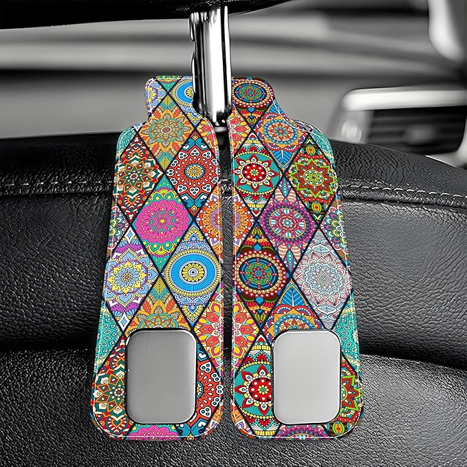 Purse Hook for Car Vintage Boho Mandala Flowers 1 Pack Headrest Back Seat Hook Premium Leather Double Metal Hanger Storage Pack Bag Purse Holder Car Accessories