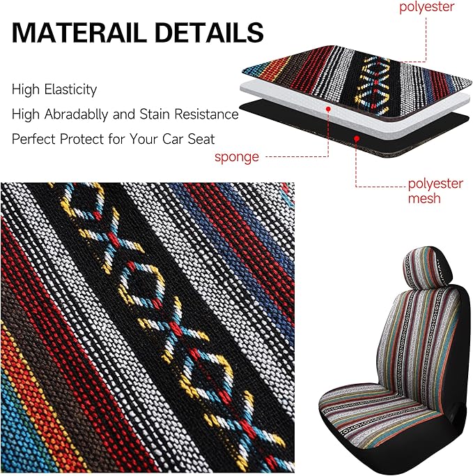 HAIYAOTIMES Baja Saddle Blanket Car Seat Covers Front Set with Seat Belt Pads, Washable Breathable Seat Covers for Cars, Universal Fit Interior Covers for Most Sedan Truck SUV, Airbag Compatible, Red