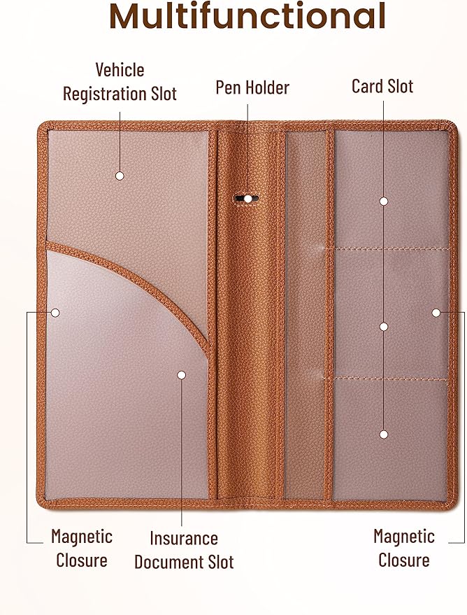 Yarnic Car Registration and Insurance Holder, Car Document Holder with Magnetic Closure, Car Organizer Vehicle Glove Box Compartment Organizer, Car Wallet Case for Men Women(Tan)