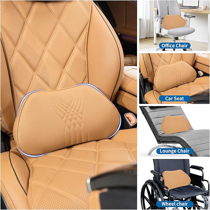 Dapucarin Lumbar Support Pillow for Car Seat, Office Chair Nappa Leather Memory Foam Lower Back Cushion for Back Pain Relief Improve Posture, Ergonomic Back Rest for Gaming Chair, Palomino, 1PC
