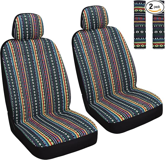 HAIYAOTIMES Baja Saddle Blanket Car Seat Covers Front Set with Seat Belt Pads, Washable Breathable Seat Covers for Cars, Universal Fit Interior Covers for Most Cars, Airbag Compatible, Red/Blue