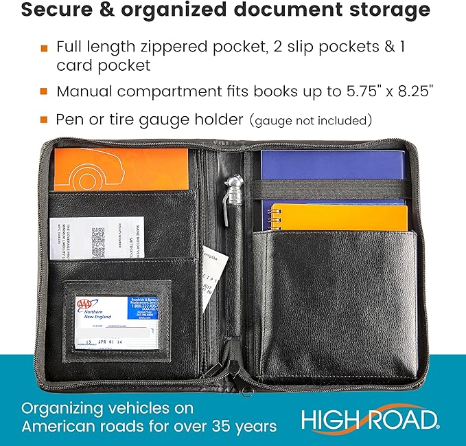 High Road Car Owners Manual Case and Glove Compartment Document Holder - Pebbled Faux Leather Glove Box Organizer for Car, SUV, Truck