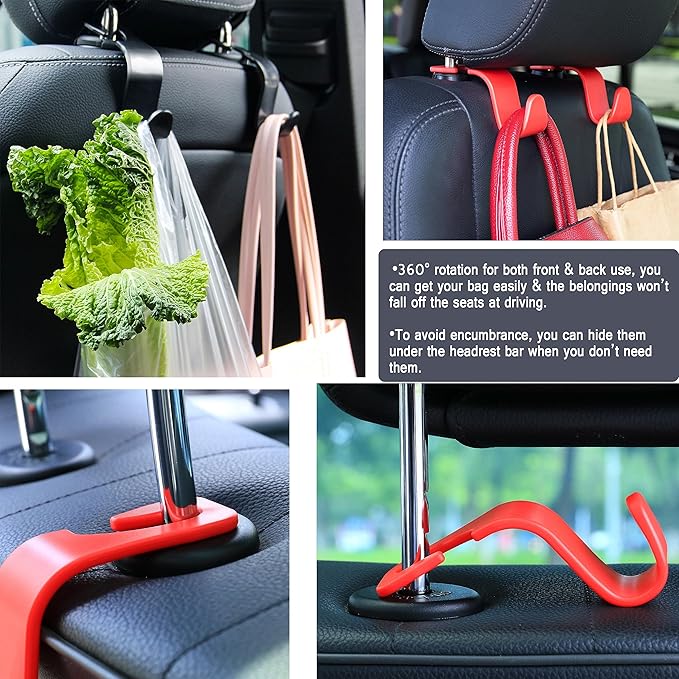 Amooca Car Seat Headrest Hook 4 Pack Hanger Storage Organizer Universal for Handbag Purse Coat Universal fit Vehicle Car S Type Red