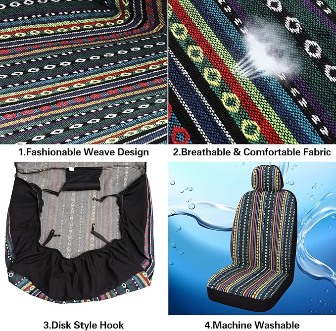 HAIYAOTIMES Baja Saddle Blanket Car Seat Covers Full Set with Seat Belt Pads, Washable Breathable Seat Covers for Cars, Universal Fit Interior Covers for Most Cars, Airbag Compatible, Red/Blue