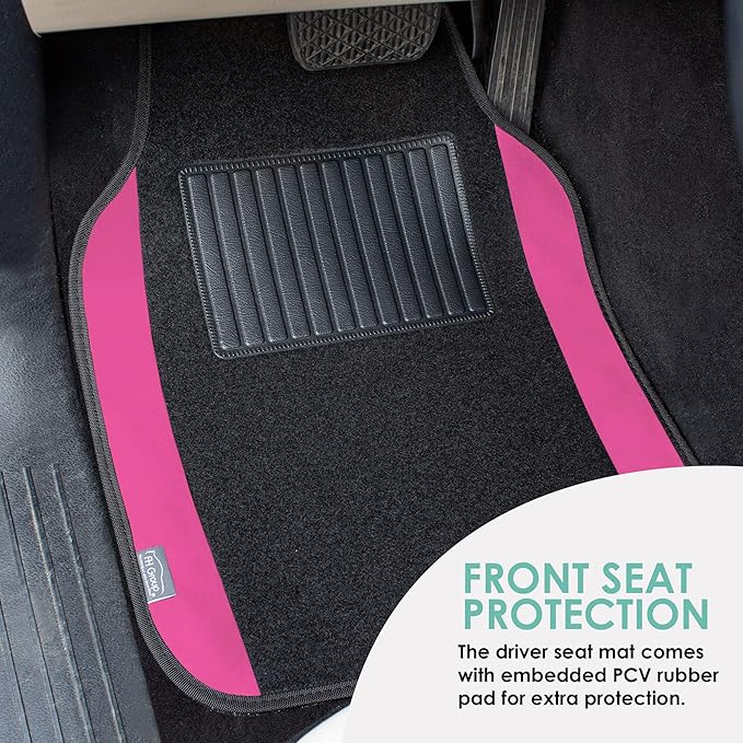 FH Group Automotive Floor Mats – Universal Fit Premium Carpet Car Mats with Driver Heel Pad, Full Set for Cars, SUVs & Trucks - Pink