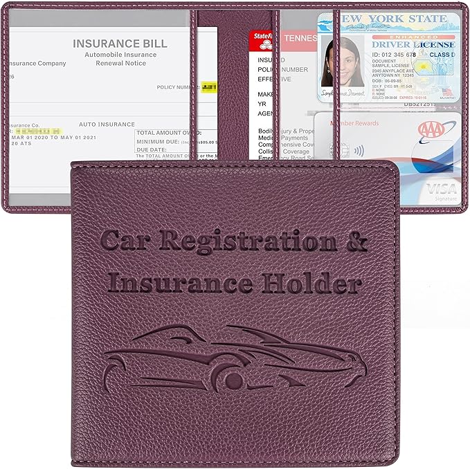 New Fashion Kingdom Car Registration and Insurance Holder, Premium PU Leather Vehicle Glove Box Car Organizer Men Women Wallet Accessories Case for ID, Driver's License - Purple