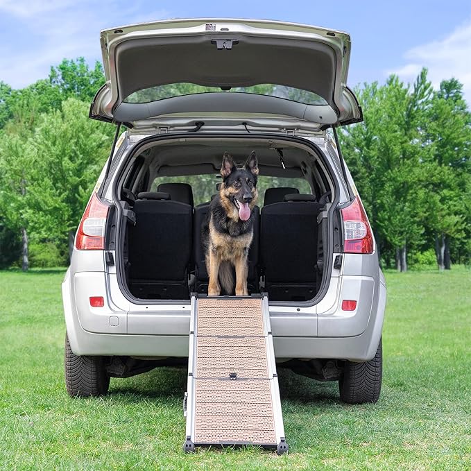 Dog Ramp for Car - Stable Anti-Slip Dog Car Ramp for Large Dogs - 63" Long & 15" Wide - 250LBS Capacity - Telescoping Pet Ramp - Lightweight - Reflective Sides - Fixing Clip - Desert Sand