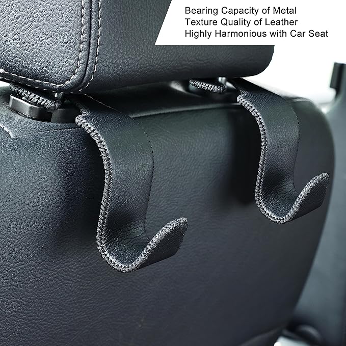Amooca Car Seat Headrest Hook Universal Vehicle Storage Hanger Leather with Metal Car Seat Back Organizer for Handbag Purse Coat Black 4 Pack