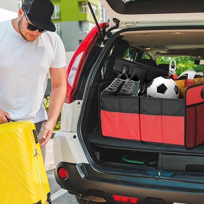 Simple Deluxe Car Trunk Organizer, 2 Compartments Collapsible Trunk Storage, Anti-slip Design, Made of Waterproof 600D Oxford Polyester, Suitable for SUV, Minivan, Standard Size, Red, 2 Pack