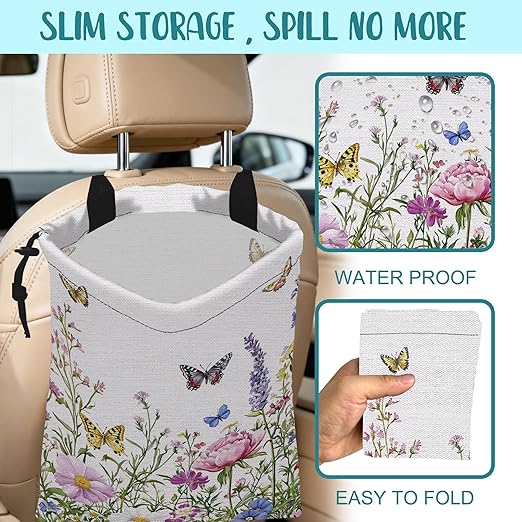 KXWQTRDD Car Garbage Bag Watercolor Butterfly Wildflower Drawstring Car Trash Bag Hanging for Back Seat with Adjustable Buckle Canvas Vehicle Trash Can Easy-to-Install