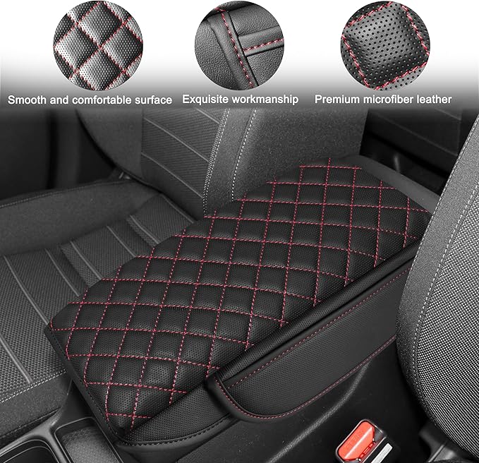 1.2in Thickness Center Console Cover for Honda CRV Accessories 2023 2024 2025 2026 Middle Console Cover Leather Armrest Box Lid Protector Cushion Pad with Pockets Interior (Red Stitch)