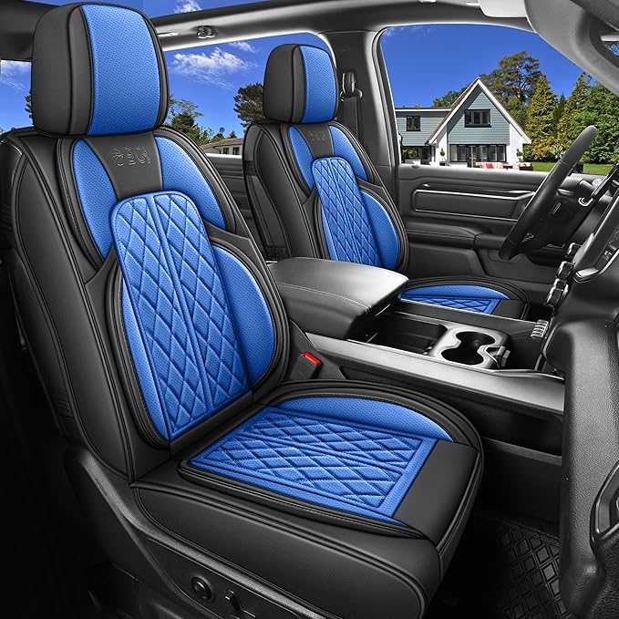DuDuWang Car Seat Covers Custom Fit for Toyota Tacoma 2016-2023 Breathable Waterproof Faux Leather Protective Seat Cover with Pickup Truck (Black & Blue, Full Set)