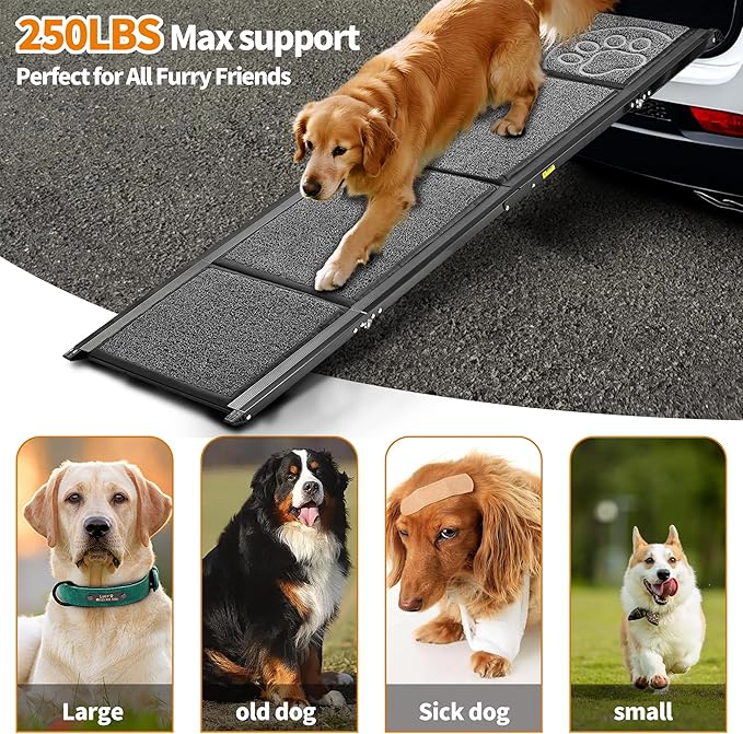 Zendova Dog Ramp for Car 63" Long & 17.3" Wide Portable Dog Ramps for Large Dogs with Non-Slip Rug Surface Dog Car Ramp for SUV Car & Truck, Outdoor Pet Ramp Folding Dog Ramp Up to 250LBS
