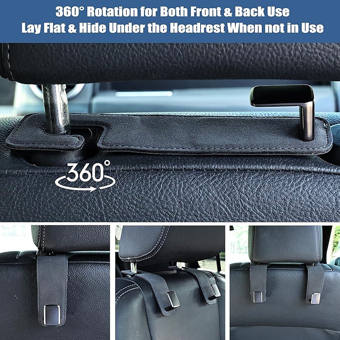 Amooca Car Seat Back Hook Universal Auto Storage Hanger Suede with Metal Car Seat Organizer for Handbag Purse Coat Umbrellas Grocery Bags 2 Pack Gray