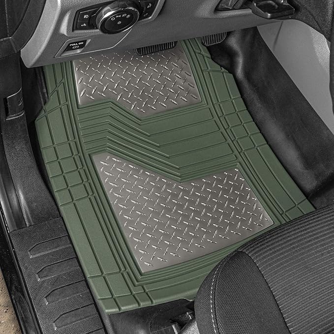 Cat® DiamondShield™ Rubber Floor Mats for Cars Trucks SUV, All Weather Protection, Front and Rear Car Mats with Heel Pad & Anti-Slip Backing, Universal Trim-to-Fit Rubber Floor Mats for Car, Green