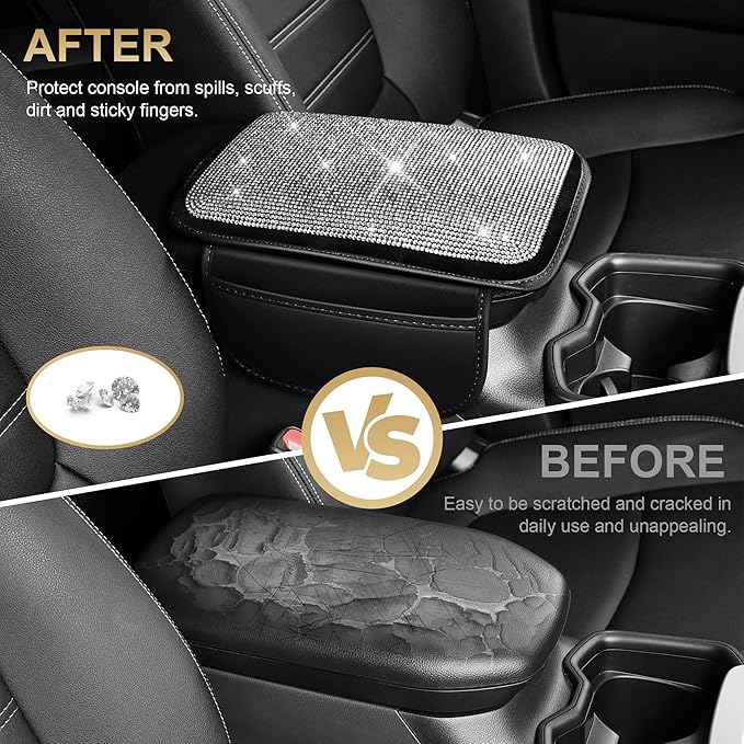 Center Console Cover Fit for RDX: Upgraded Diamond Auto Middle Console Cover - Crystal Rhinestone Armrest Cover for Car with 2 Storage Bags,Anti-Scratch Auto Armrest Pad Accessory （Black