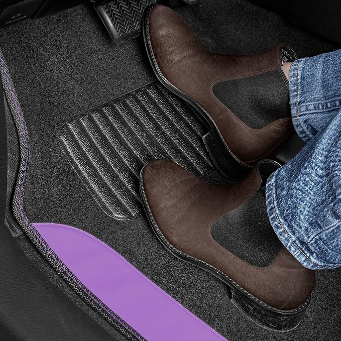 BDK Two-Tone Carpet Car Floor Mats with Faux Leather Accents, Automotive Floor Mat Set with Built-in Heel Pad, Stylish Interior Car Accessories (Purple)