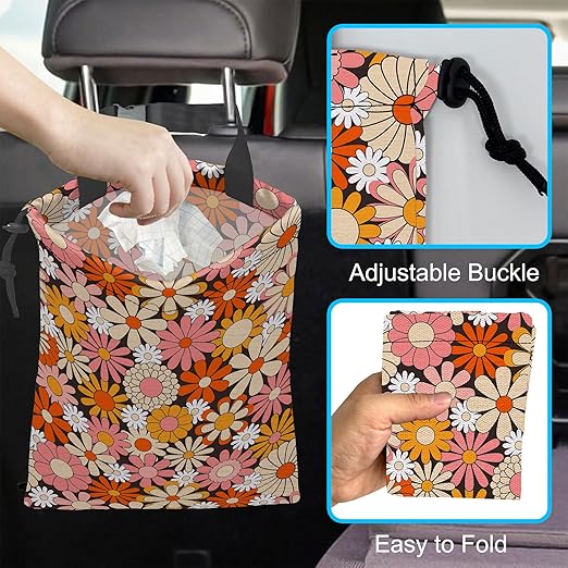 ghatobty Car Trash Bag Vintage Groovy Flowers Car Garbage Bag Hanging Car Trash Can