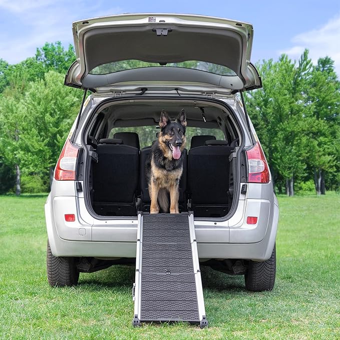Dog Ramp for Car - Stable Anti-Slip Dog Car Ramp for Large Dogs - 63" Long & 15" Wide - 250LBS Capacity - Telescoping Pet Ramp - Lightweight - Reflective Sides - Fixing Clip - Shadow Gray