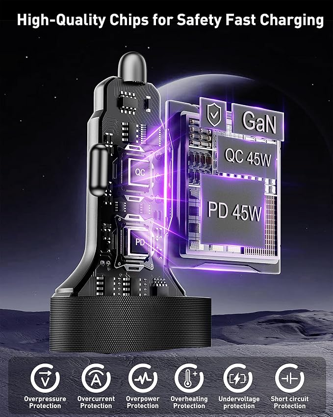 USB C Car Charger, 90W 4-Port Super Fast Charging Car Charger Adapter Dual USB-C & USB-A Cigarette Lighter with 240W Type C to C Cable Cord for Samsung Galaxy S25/S24/S23/S22/S21 Ultra, Android Phone