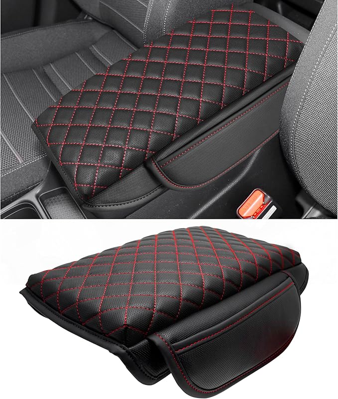 1.2in Thickness Center Console Cover for Honda CRV Accessories 2023 2024 2025 2026 Middle Console Cover Leather Armrest Box Lid Protector Cushion Pad with Pockets Interior (Red Stitch)