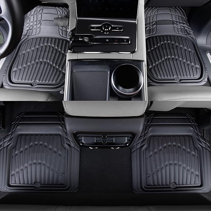 CAR PASS Carbon Fiber Leather Car Floor Mats -3D Waterproof All Weather, Universal Trim to Fit & Anti-Slip Burr Bottom Safety & Light Easy Clean Install for SUV Truck Auto Sedan Van(Black)