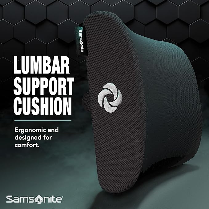 Samsonite Ergonomic Lumbar Support Pillow for Office Chair, Gaming Chair, or Car, Memory Foam Cushion with Breathable Ventilated Mesh and Adjustable Straps for Long Lasting Back Support