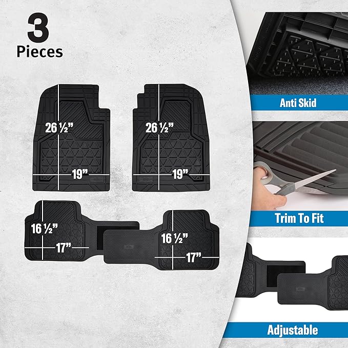 Dickies 3-Piece Black Adjustable-Runner Truck Floor Mats, Heavy-Duty Mats for Trucks — Black