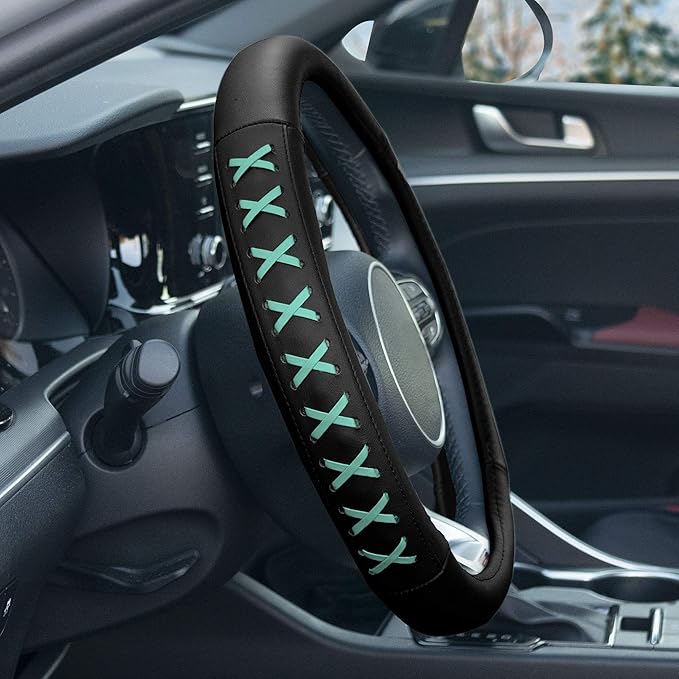 FH Group Universal Fit 15 Inch Genuine Leather with Lace-Up Detailing Steering Wheel Cover fits Most Cars, SUVs Mint