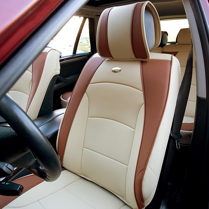 FH Group Ultra Comfort Highest Grade Faux Leather Full Set Cushion Pads Car Seat Covers for Front and Rear– Universal Fit for Cars Trucks & SUVs (Beige/Tan)