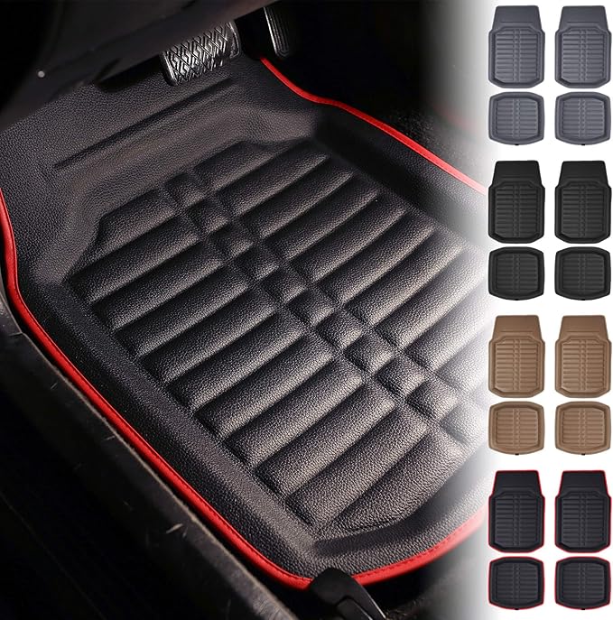 FH Group Automotive Floor Mats - PU Leather Floor Mats, Deep Dish Design, Floor Mats for Cars, Universal Fit Floor Mats Front Set, Floor Mats for Most Sedan, SUV, Truck Floor Mats Red Black