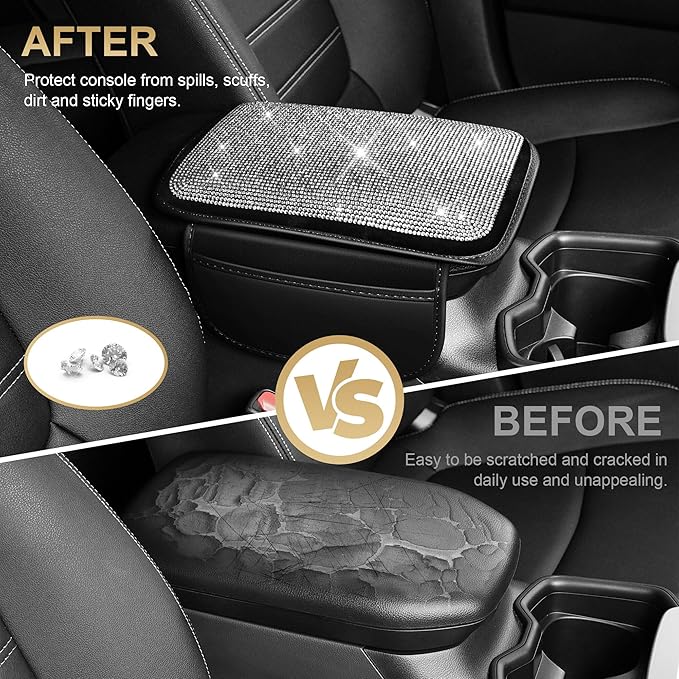 Center Console Cover Fit for Civic: Upgraded Diamond Auto Middle Console Cover - Crystal Rhinestone Armrest Cover for Car with 2 Storage Bags,Anti-Scratch Auto Armrest Pad Accessory （Black