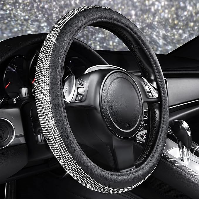 CAR PASS Diamond Black Leather Steering Wheel Cover, with Bling Crystal Rhinestones Universal Fit 14" 1/2-15" Crystal Glitter for Women Sparkle Girl Fit Suvs,Vans,Sedans,Cars,Trucks, White Diamond