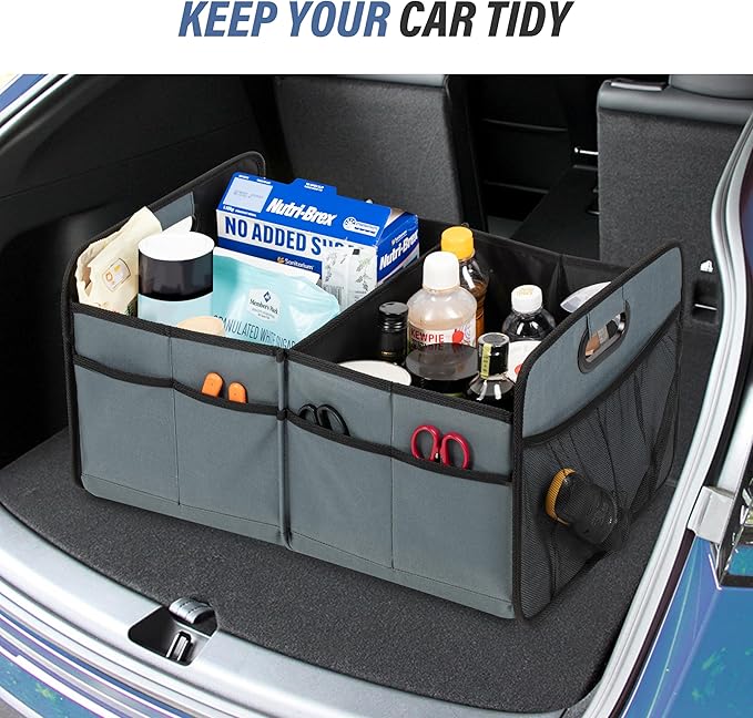 Simple Deluxe Car Trunk Organizer, 2 Compartments Collapsible Trunk Storage for SUV & Truck, Anti-slip Design, Made of Waterproof 600D Oxford Polyester, Standard Size, Grey-Green