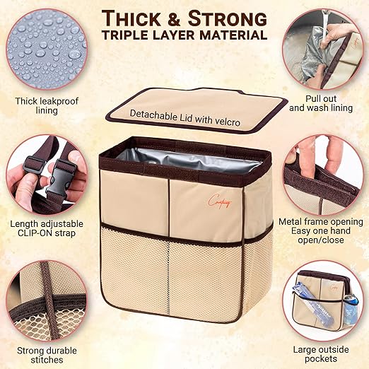 Creathing Leakproof Car Trash Can [3 Gal] Slim Design Garbage Bin– Universal Fit in Cars, Trucks, SUVs, for Floor, Console or Seat Hanging (Beige)