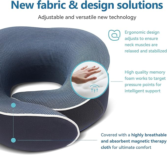 Proglobe Orthopedic Neck Pillow Travel Neck Pillows for Airplanes, Memory Foam Kit, Updated Resting Material, Airplane Travel Set with 3D Contoured Eye Masks, Earplugs, and Luxury Mesh Bag (Blue)
