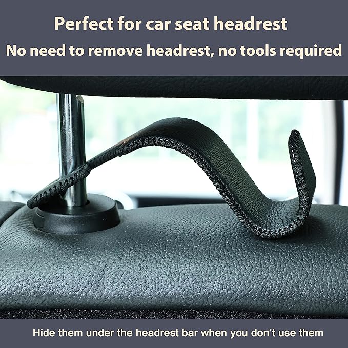 Amooca Car Seat Headrest Hook Universal Vehicle Storage Hanger Leather with Metal Car Seat Back Organizer for Handbag Purse Coat Black 2 Pack