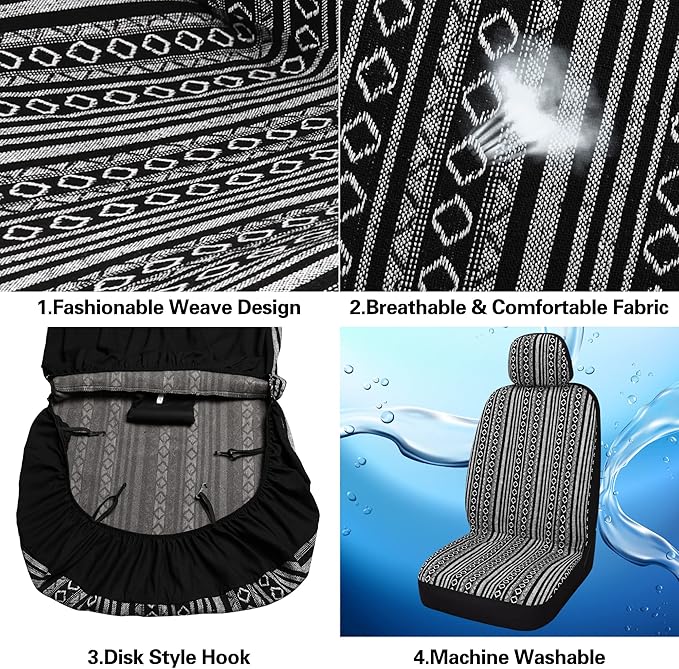 HAIYAOTIMES Baja Saddle Blanket Car Seat Covers Front Set with Seat Belt Pads, Washable Breathable Seat Covers for Cars, Universal Fit Interior Covers for Most Cars, Airbag Compatible, Black/White