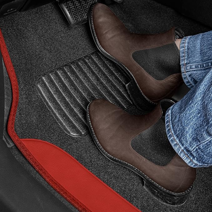 BDK Floor Mats for Cars, Two-Tone Carpet Car Floor Mats with Faux Leather Accents, Automotive Floor Mat Set with Built-In Heel Pad, Stylish Interior Car Accessories (Red)