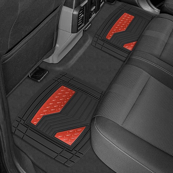 Cat® DiamondShield™ Rubber Floor Mats for Cars Trucks SUV, All Weather Protection, Front and Rear Car Mats with Heel Pad & Anti-Slip Backing, Universal Trim-to-Fit Rubber Floor Mats for Car, Red