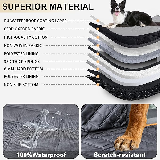 VIVASNIFF Hard Bottom Back Seat Extender for Dogs, Waterproof Dog Car Seat Cover, 420lb Support, 600D Heavy Duty Car Seat Protector Dog Hammock for Sedan, SUV, Small Truck(Black & Orange)