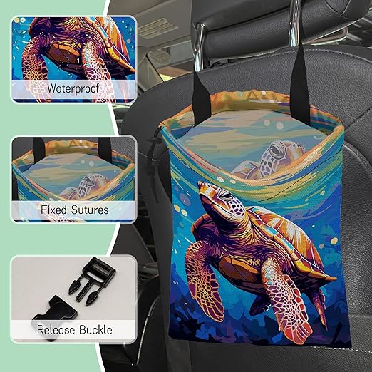 NHNXHWIA Pop Art Turtle Car Garbage Bag,Waterproof Small Car Trash Bag Hanging Back of Seat,Drawstring Hanging Car Trash Bag with Adjustable Buckle for Car Accessories