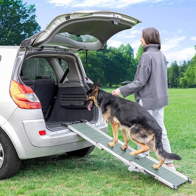 Dog Ramp for Car - Stable Anti-Slip Dog Car Ramp for Large Dogs - 63" Long & 15" Wide - 250LBS Capacity - Telescoping Pet Ramp - Lightweight - Reflective Sides - Fixing Clip - Forest Green