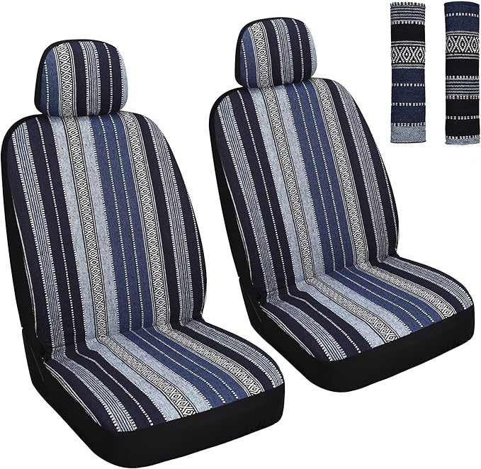 HAIYAOTIMES Baja Saddle Blanket Car Seat Covers Front Set with Seat Belt Pads, Washable Breathable Seat Covers for Cars, Universal Fit Interior Covers for Most Sedan Truck SUV, Airbag Compatible, Blue