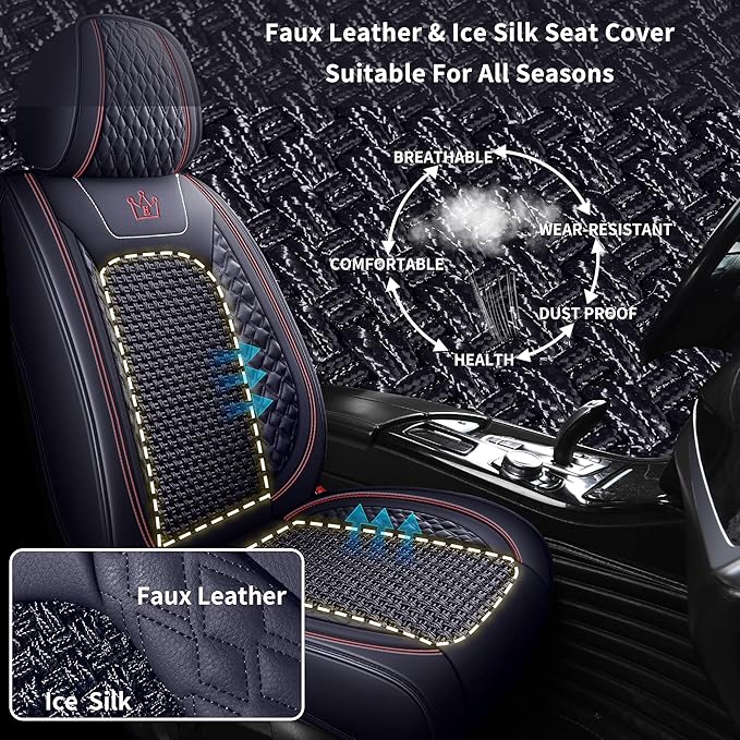 HighnessHwoo Luxury Car Seat Covers Full Set, Breathable Faux Leather Car Seat Protector, Dog Child Kids Summer Ventilated Seat Cushion for Front & Back Seats, Universal, Black, Full Set 5 Seats